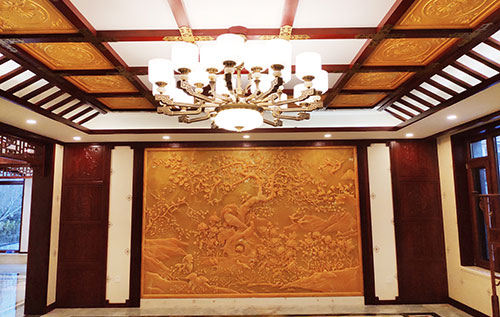 将乐中式别墅客厅中式木作横梁吊顶装饰展示
